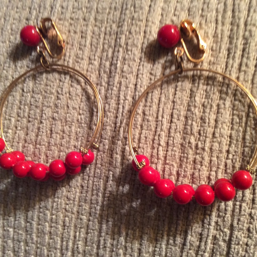 Vintage Gold Tone Hoop Type Earrings With Red Beads Clip Ons
